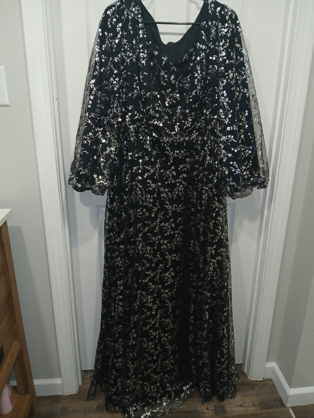 Black Mesh Maxi Dress with Silver Floral Embroidery Length Is 54 - Picture 2 of 2